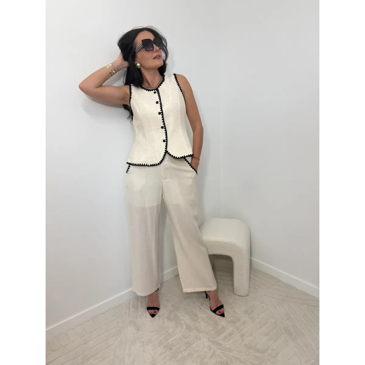 Komplet z wiskozy lnu lyocellu LA FOGLIA w odcieniu beżu rozmiar M/L