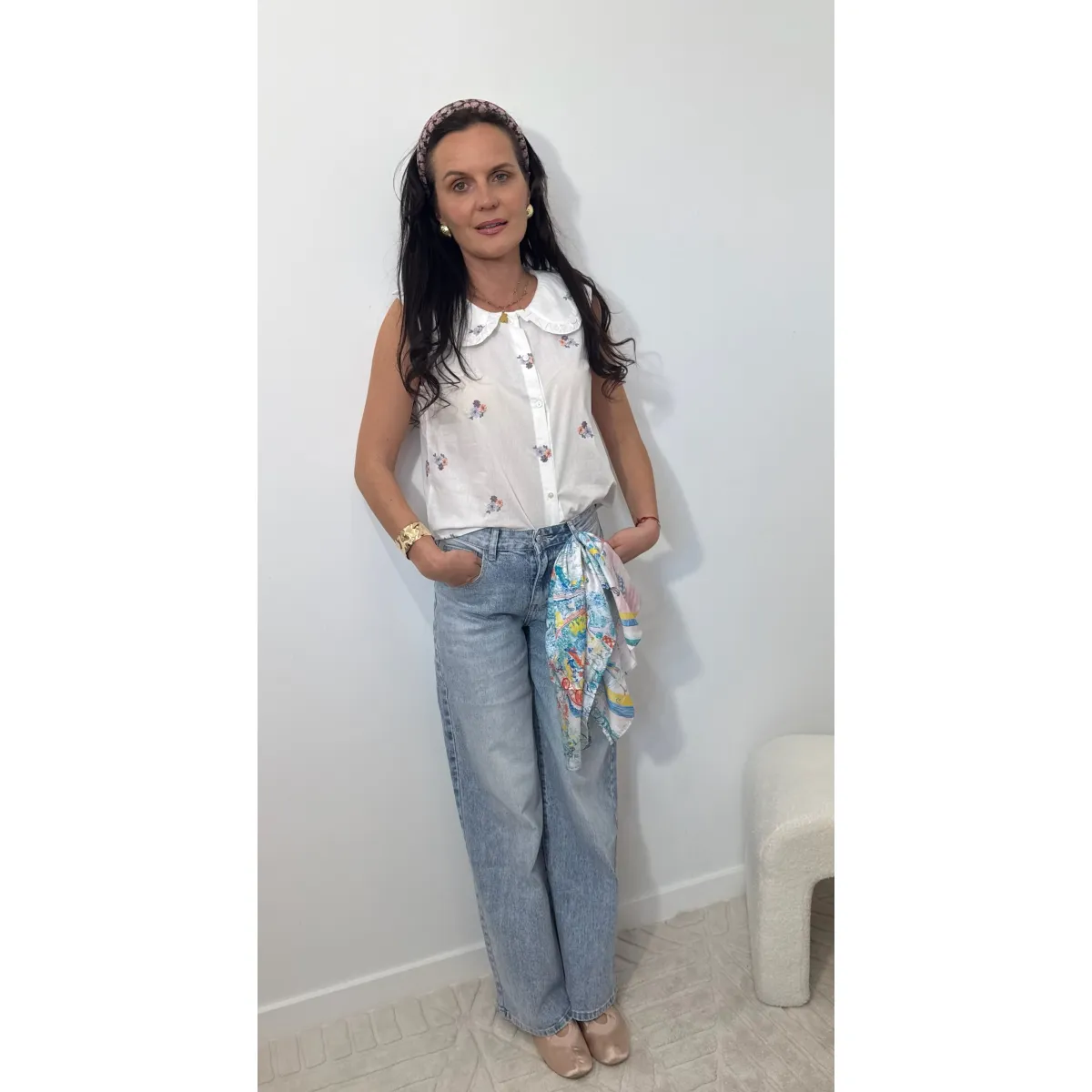 Bawełniana bluzka BABYDOLL w odcieniu bieli w kwiatki