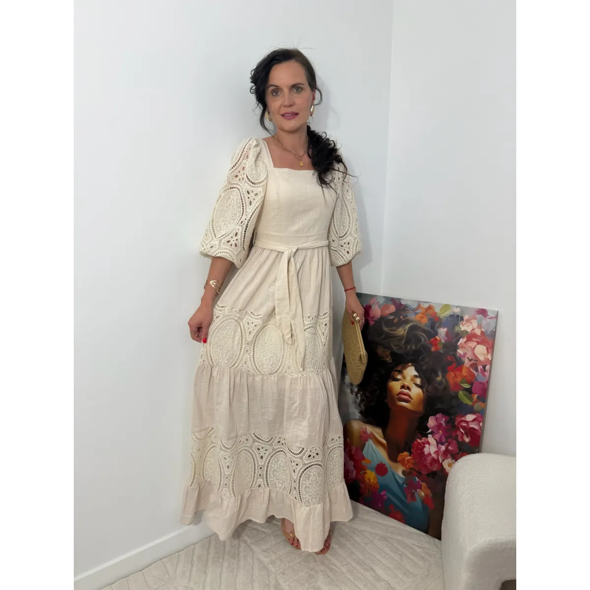 Bawełniana sukienka BOHO w odcieniu beżu rozmiar L