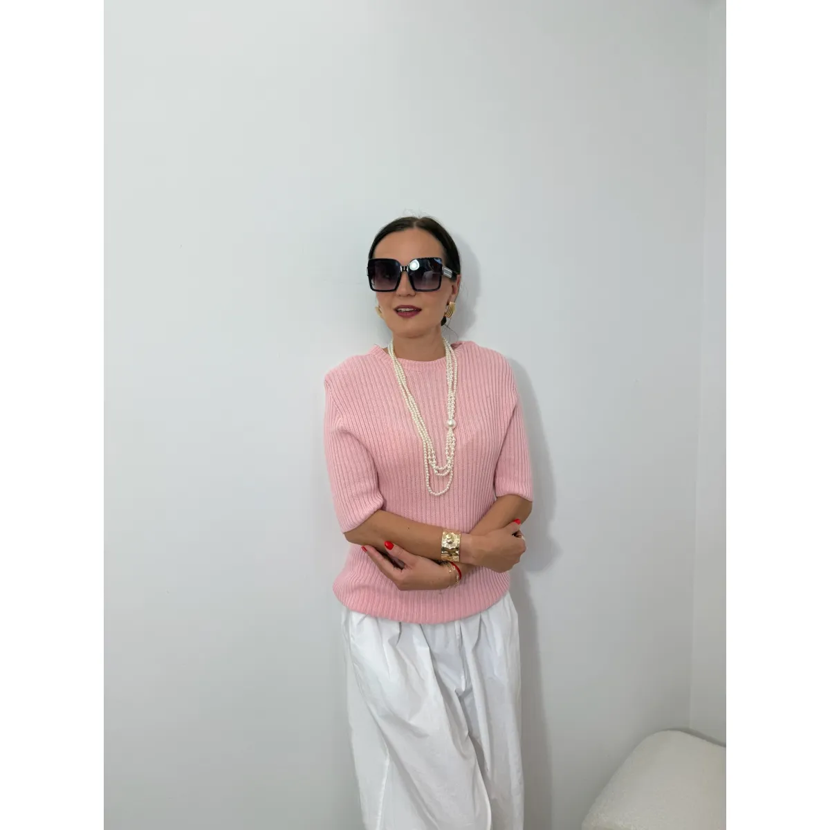 Bawełniany sweter ELLEN w odcieniu pudrowego różu