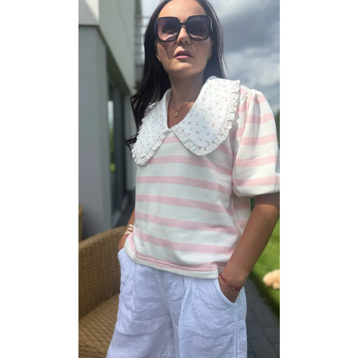 Bawełniana bluza PURPURA w paski pudrowe