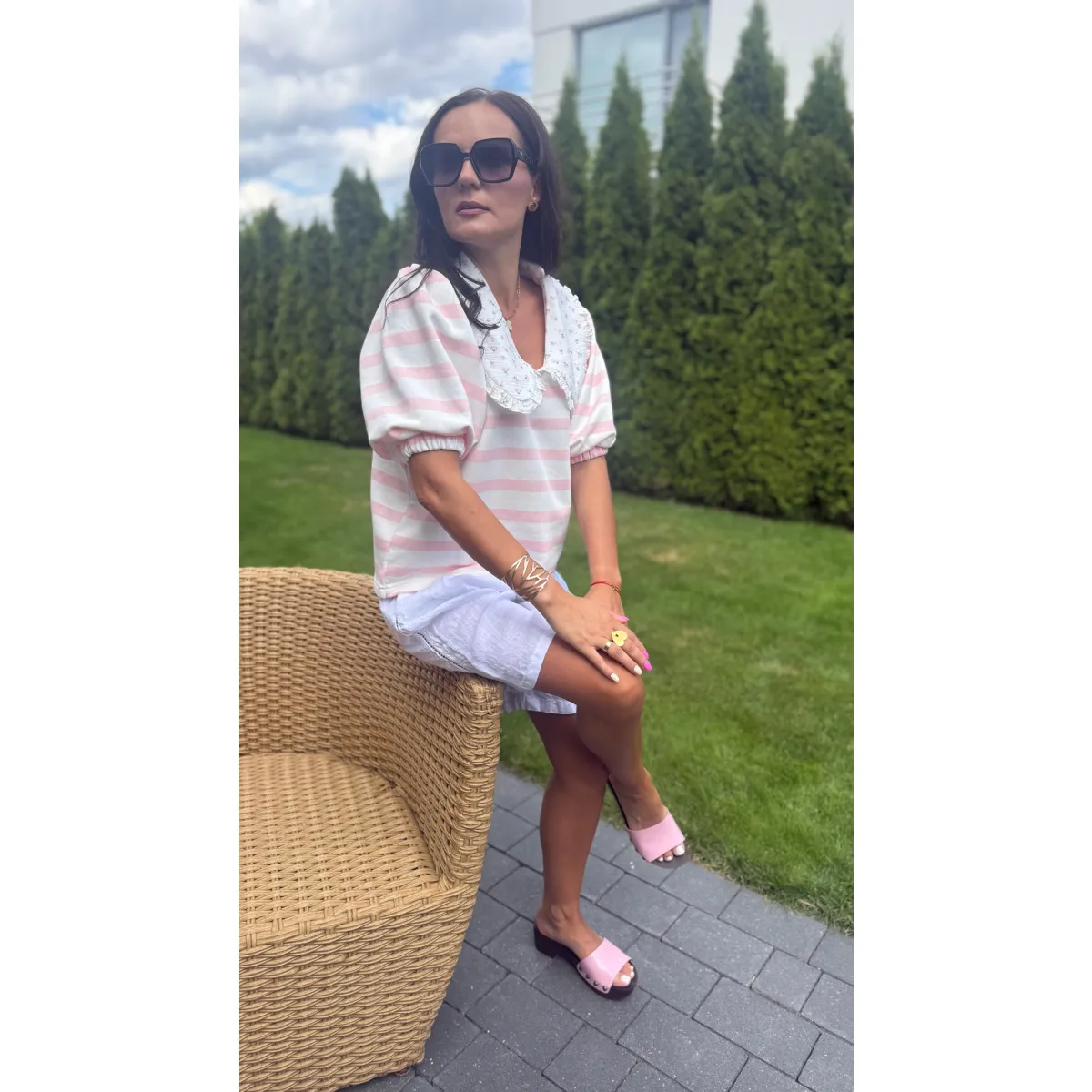 Bawełniana bluza PURPURA w paski pudrowe