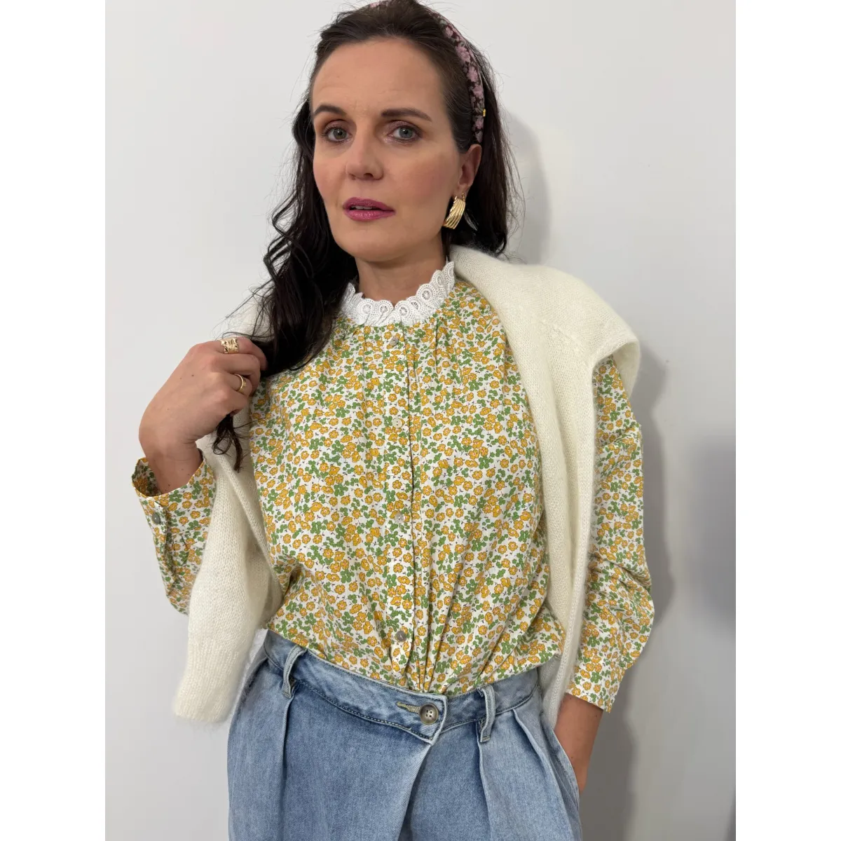 Bawełniana koszula SERAFINA w kwiatuszki żółto-zielone rozmiar L