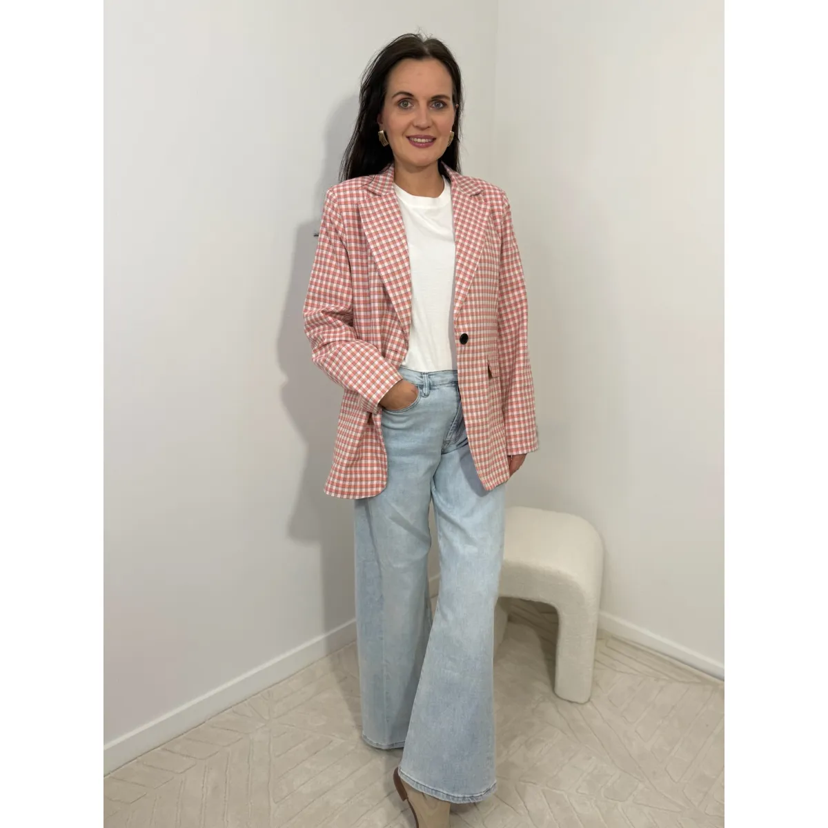 Bawełniana marynarka HALSZKA w odcieniu różu w kratkę