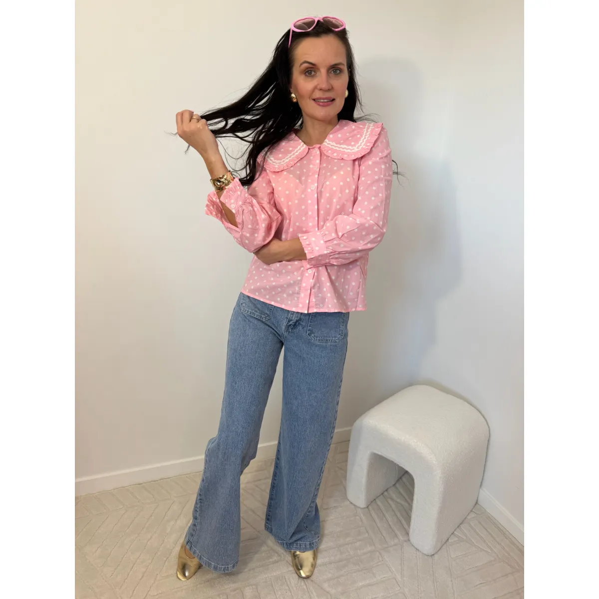 Bawełniana koszula BABYDOLL w kolorze pudrowego różu w kropki