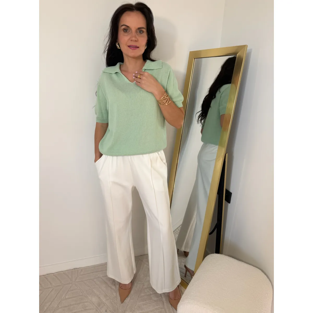 Bawełniany sweterek polo Sara w odcieniu szałwii