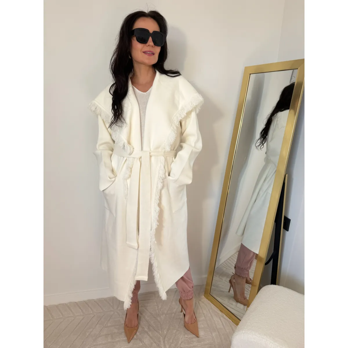 Płaszcz dzianinowy z kaszmirem VIORIKA w odcieniu śmietankowym