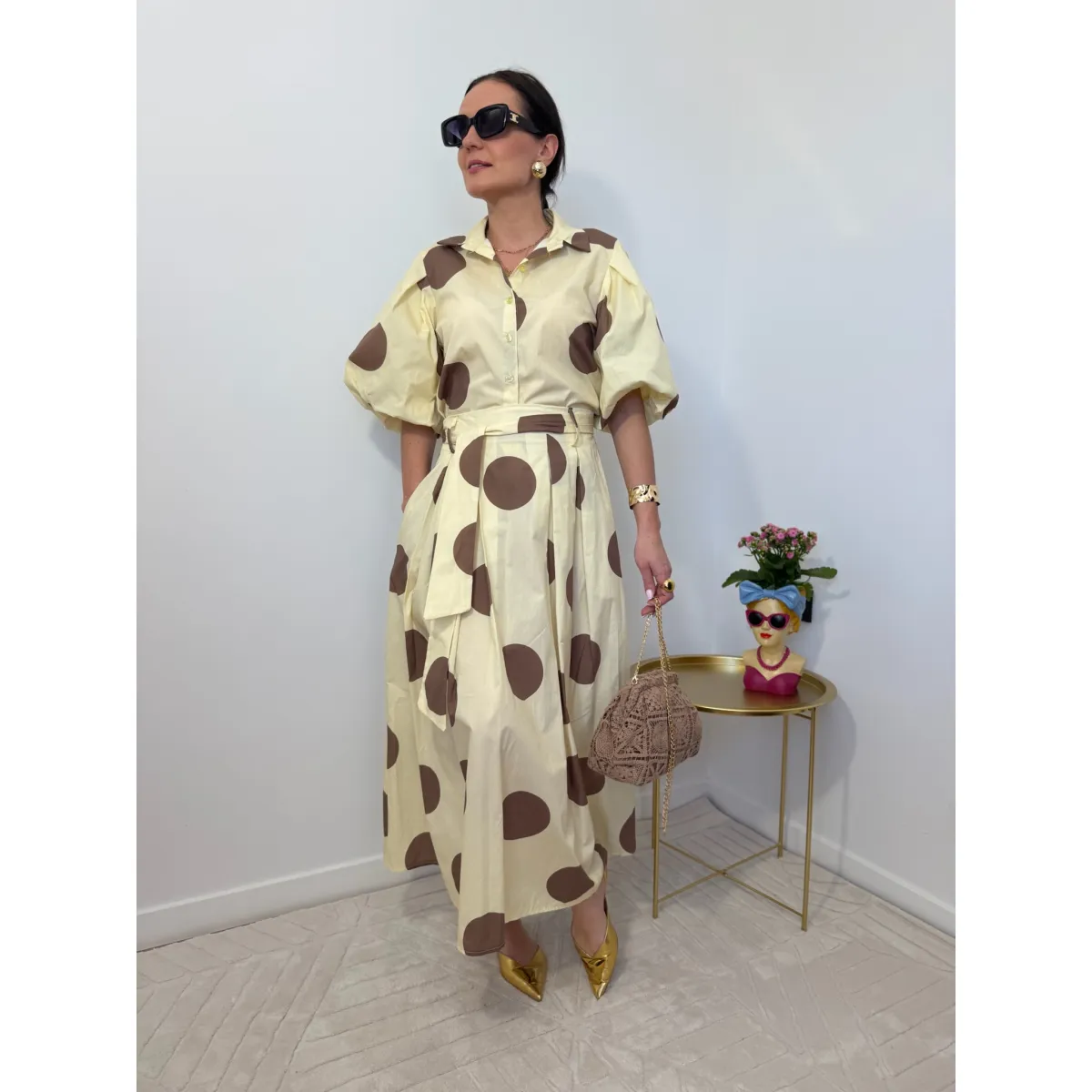 Bawełniany set SCARLETT w odcieniu bananowym w kropki