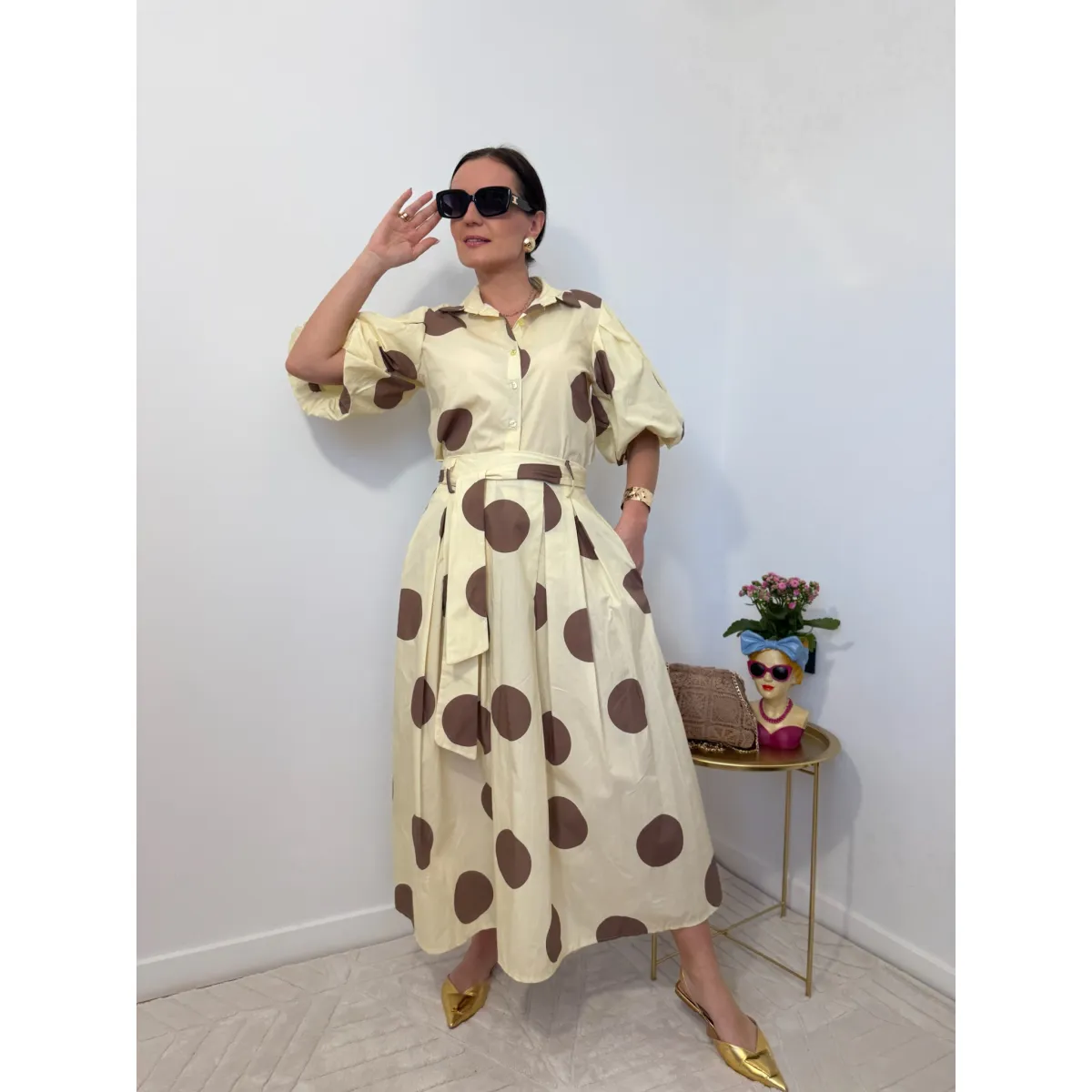 Bawełniany set SCARLETT w odcieniu bananowym w kropki