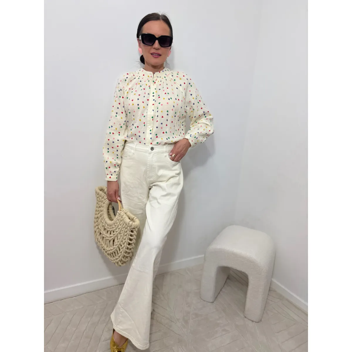 Bawełniana bluzka CARITA w odcieniu wanilii w serca rozmiar M/L