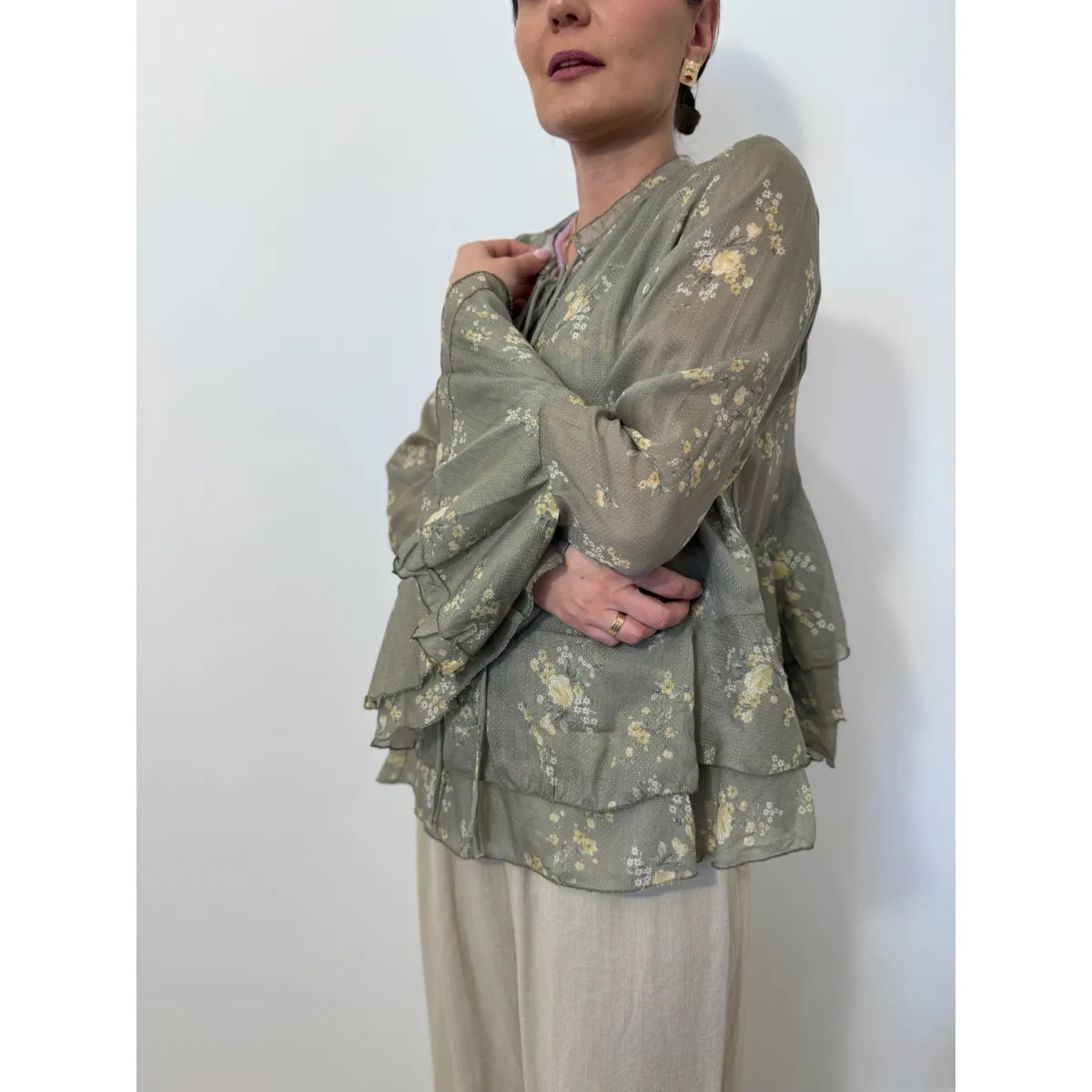 Bawełniana bluzka z jedwabiem LORENZA w odcieniu oliwkowy