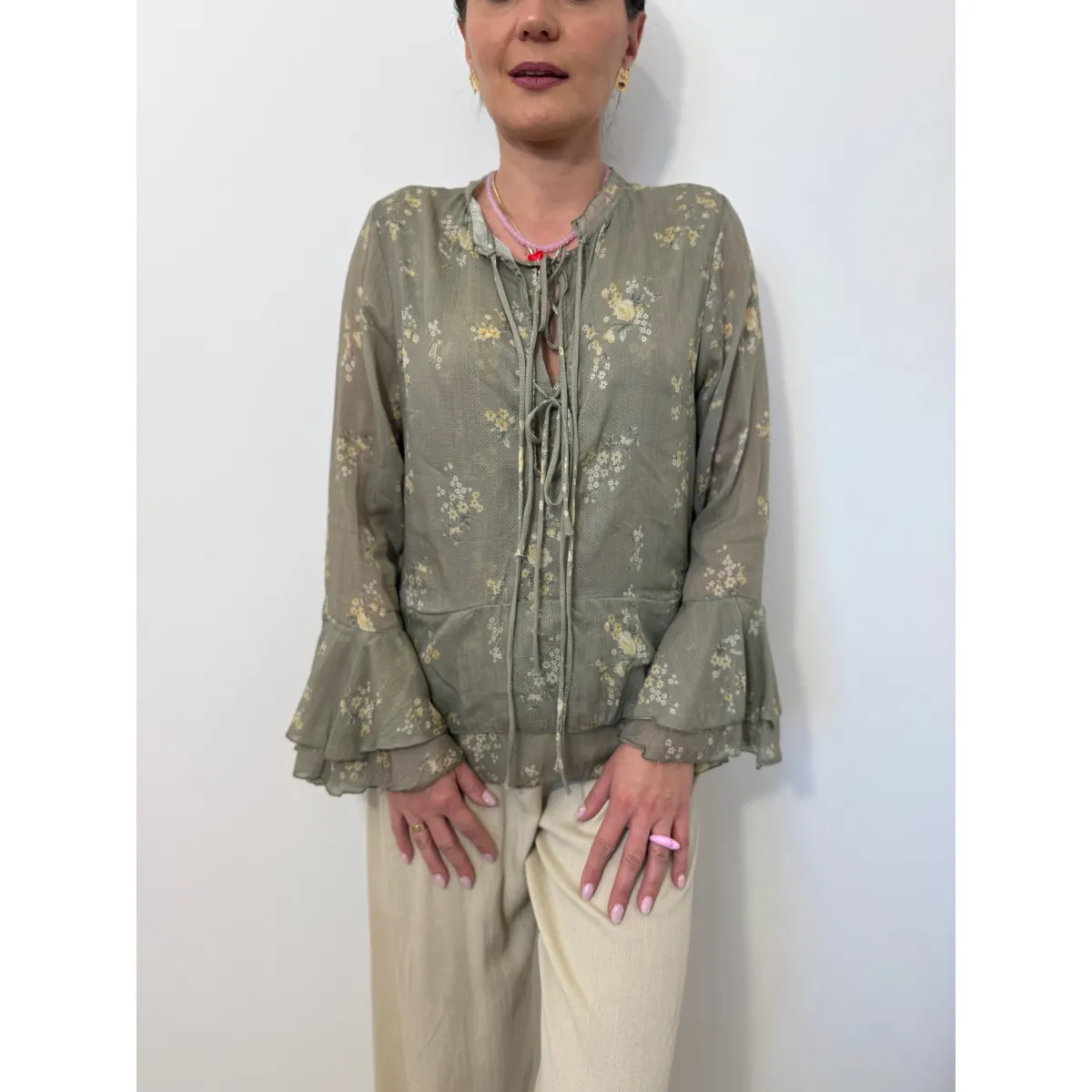 Bawełniana bluzka z jedwabiem LORENZA w odcieniu oliwkowy