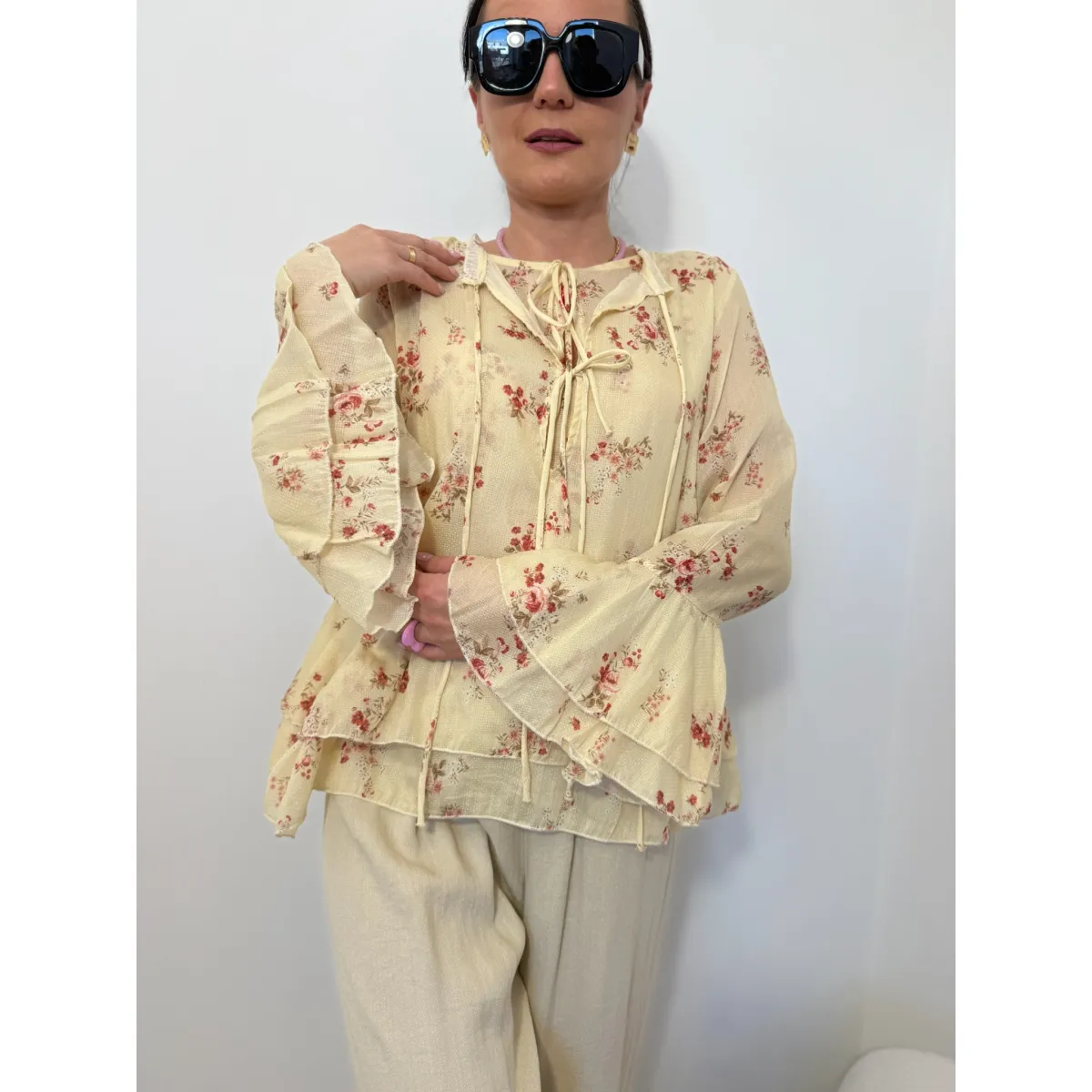 Bawełniana bluzka Z jedwabiem LORENZA w kolorze pudrowego złota