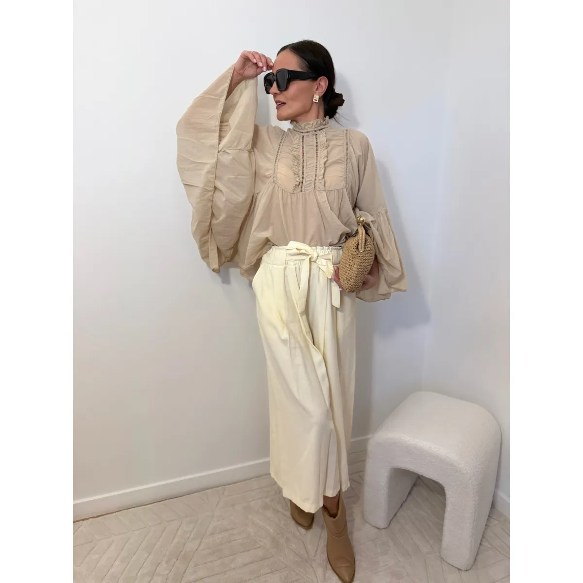 Wiskozowe spodnie KULOTY w odcieniu wanilii