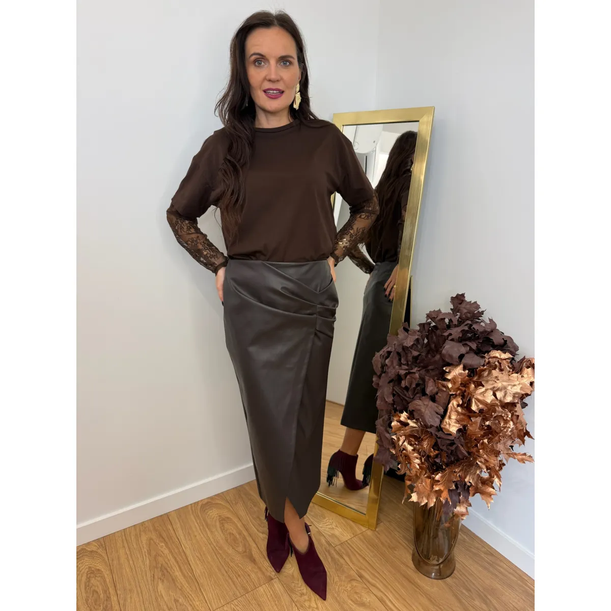 Spódnica z imitacji skóry VERA  w kolorze czekoladowym