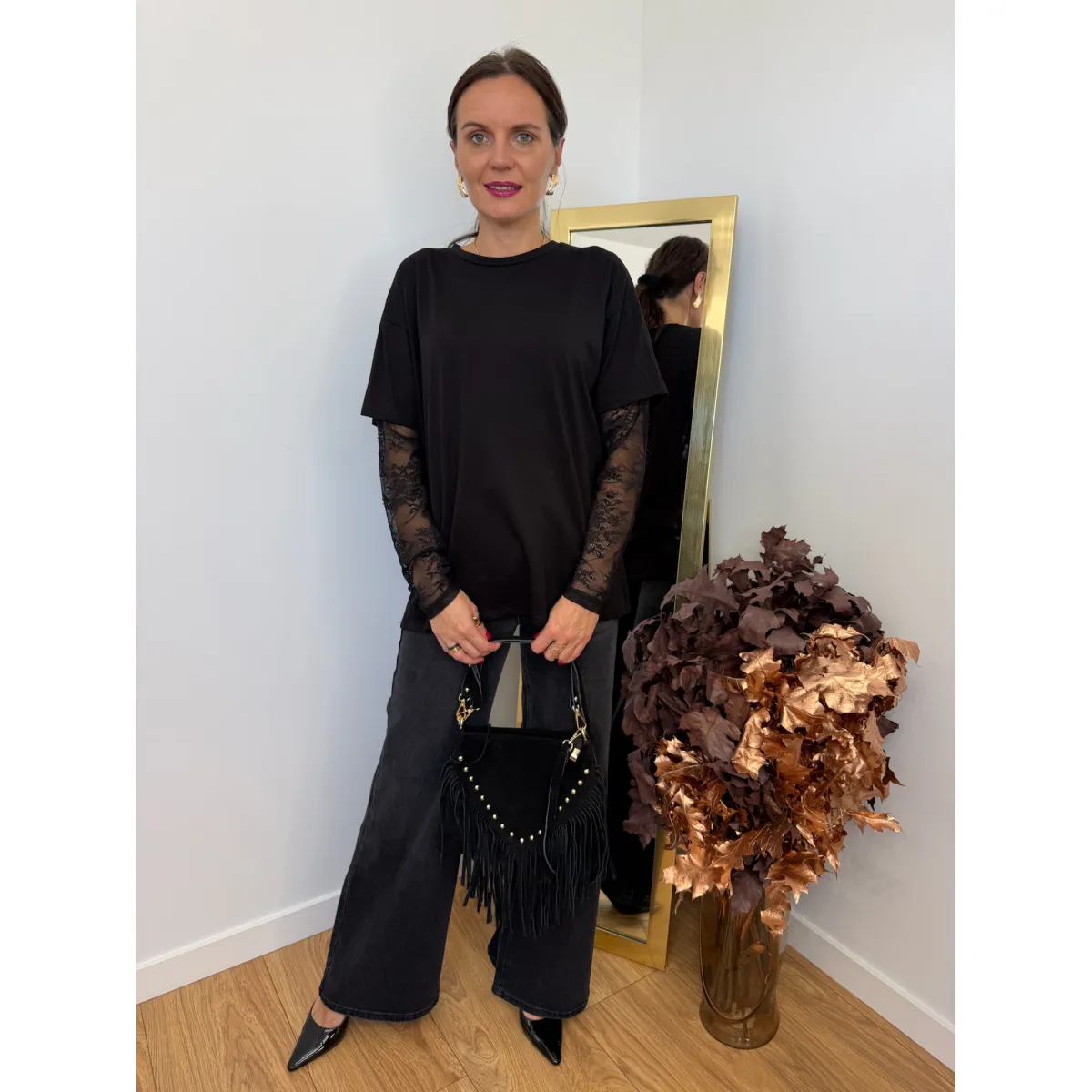 Bawełniana bluzka DIVA czarna z koronką