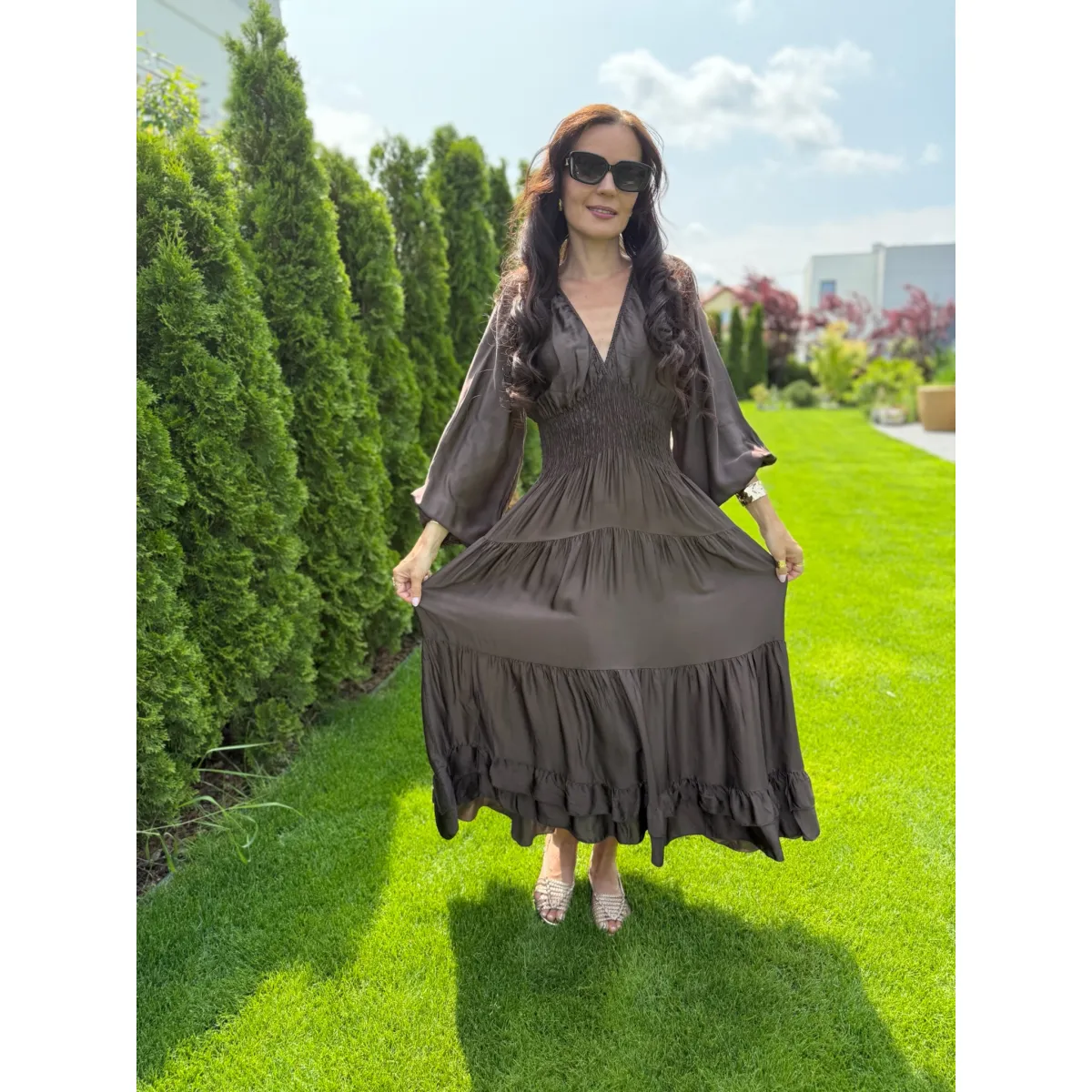 Sukienka z jedwabiem FIERALA w odcieniu czekoladowym