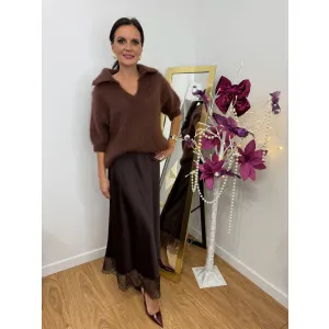 Moherowy sweter POLO w kolorze czekoladowym