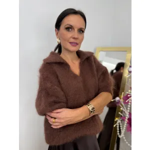 Moherowy sweter POLO w kolorze czekoladowym