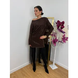 Cekinowa sukienka z tiulem MORGAN w kolorze czekoladowym