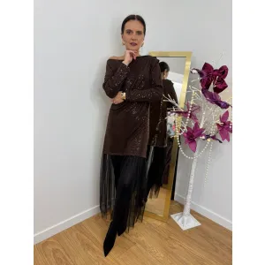 Cekinowa sukienka z tiulem MORGAN w kolorze czekoladowym