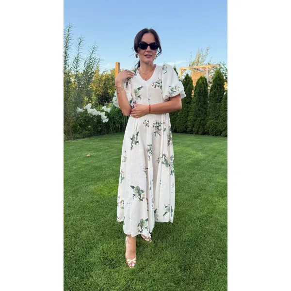 Bawełniana sukienka BELLA w odcieniu wanilii w kwiaty
