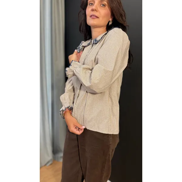 Bawełniana koszula BABYDOLL w krateczkę brąz i granat