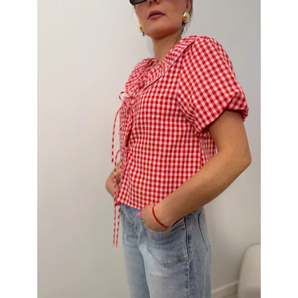 Koszula BABYDOLL w kratkę biało czerwona  krótki rękaw