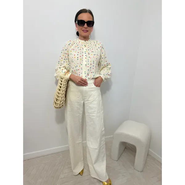 Bawełniana bluzka CARITA w odcieniu wanilii w serca rozmiar S/M