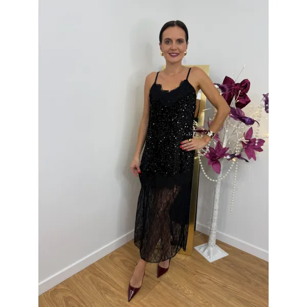 Cekinowa sukienka z koronką MORA w kolorze czarnej nocy