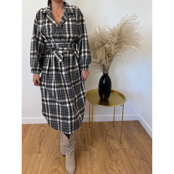 Sukienka w kratę z wiskozy FURIA w odcieniu brązu i szarości